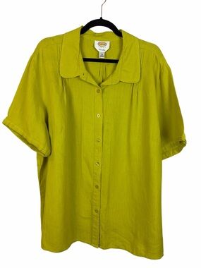 Talbots Woman 3X 100% Linen Button Front Shirt Lime Green Short Sleeve Blouse